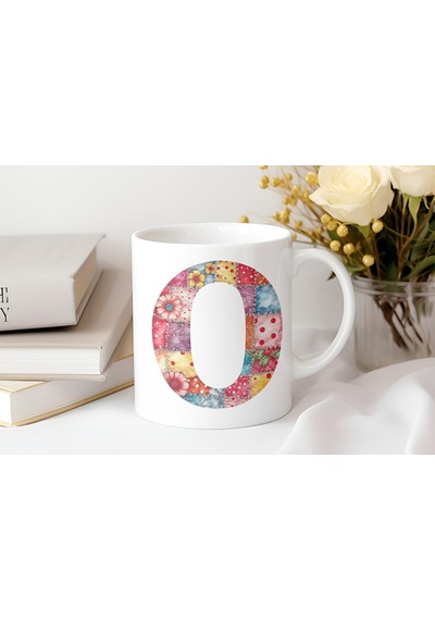 O Harfli Retro Çiçekli Kupa Bardak - Patchwork Tarz Yamalı Desenli İsme Özel Kupa - Hediye 07 Beyaz
