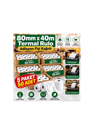 80x40 Adisyon Fişi Adisyon Kağıdı Yazıcı Rulosu Termal Rulo 5 Paket 50 Adet