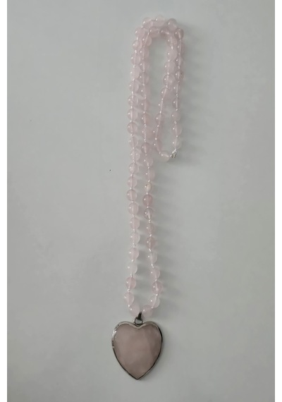 8 Mm Düğümlü Pembe Kuvars Kalp Doğaltaş Kolye 046 - Pembe