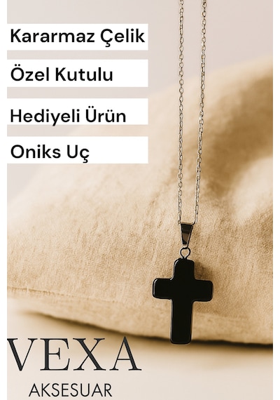 İthal Çelik Oniks Taşlı Haç Kolye - Kararmaz İthal Çelik Zincir - Özel Kutulu Hediyeli Siyah