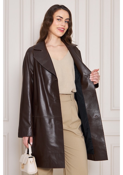 M M Marki Marki Kadın Hakiki Deri Trençkot Kahverengi, V Yaka, Kuşaklı, Düğme Kapamalı, Oversize, 90 Cm - 117122