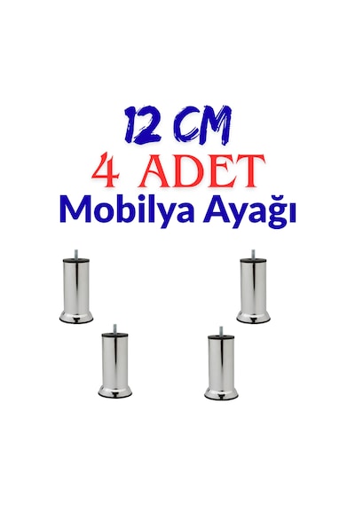 Klc 4 Adet M8 İnce Diş Krom Metal Mobilya Ayağı - Kanepe, Baza, Koltuk Yükseltme Ayağı 12 Cm Gri Gri