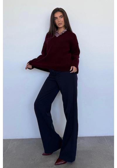 Madmext Bordo V Yaka Triko Kadın Kazak Mg2501 Bordo