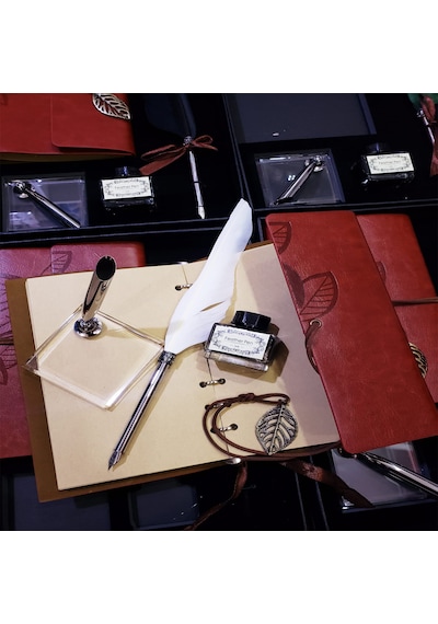 Divit Hokka Defter Ve Tüylü Kalem Seti Nostaljik Mürekkepli Yazı Seti Hediye Kutulu Gül Kırmızı
