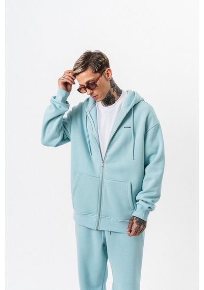 Erkek Respire Yazı Detaylı Kapüşonlu Basic Zip Oversize Hoodie Bebe Mavi
