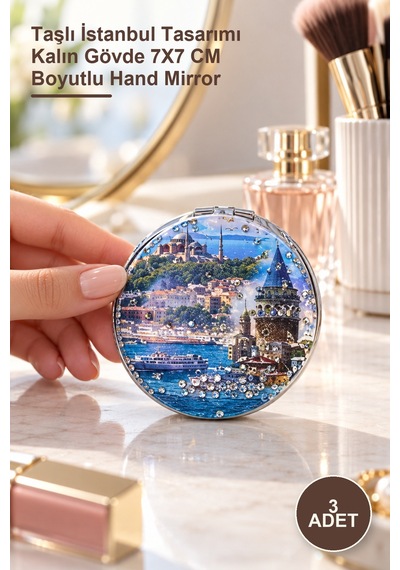 3 Adet El Aynası Taşlı İstanbul Tasarımı Kalın Gövde 7x7 Cm Boyutlu Hand Mirror