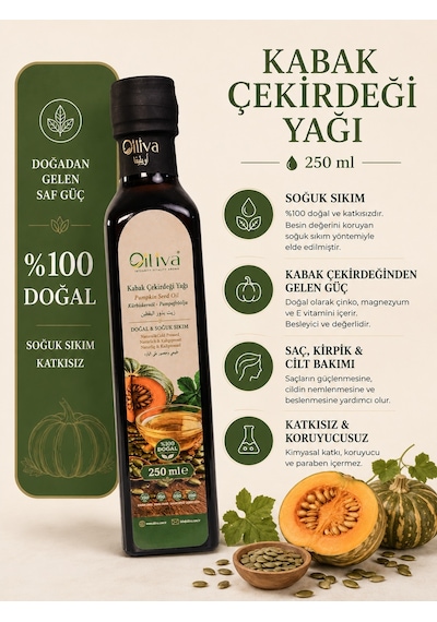 Oılıva Kabak Çekirdeği Yağı 250 Ml Soğuk Sıkım, %100 Saf Ve Doğal
