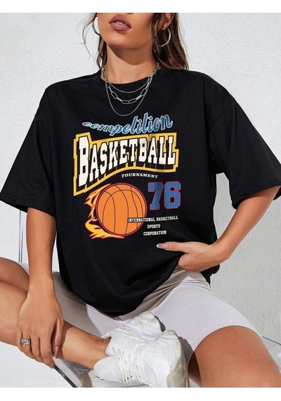 Flood Of Style Kadın Siyah Basketball Tournament Baskılı Oversize Tişört