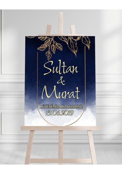 Söz Nişan Düğün İçin 50x70 Karşılama Panosu - Mavi Ve Altın Çiçek Desenli Beyaz