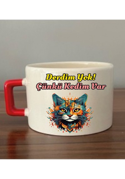 Derdim Yok Çünkü Kedim Var Fincan Kupa Bardak - Seramik Çay, Kahve Hediyelik Bardağı Beyaz
