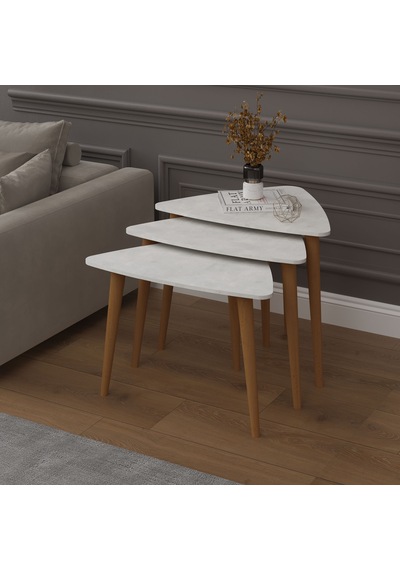 Asra Trend 3'lü Üçgen Zigon Sehpa Takımı SEHPA02 %100 MDF Ahşap Ayaklı Retro Taş