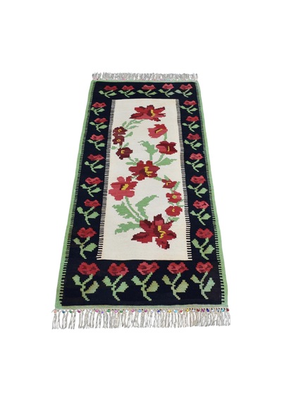 Zehra Abla Halı Yeni El Dokuma Otantik Güllü Çiçekli Karabağ Yolluk Yün Kilim 7183 Çok Renkli