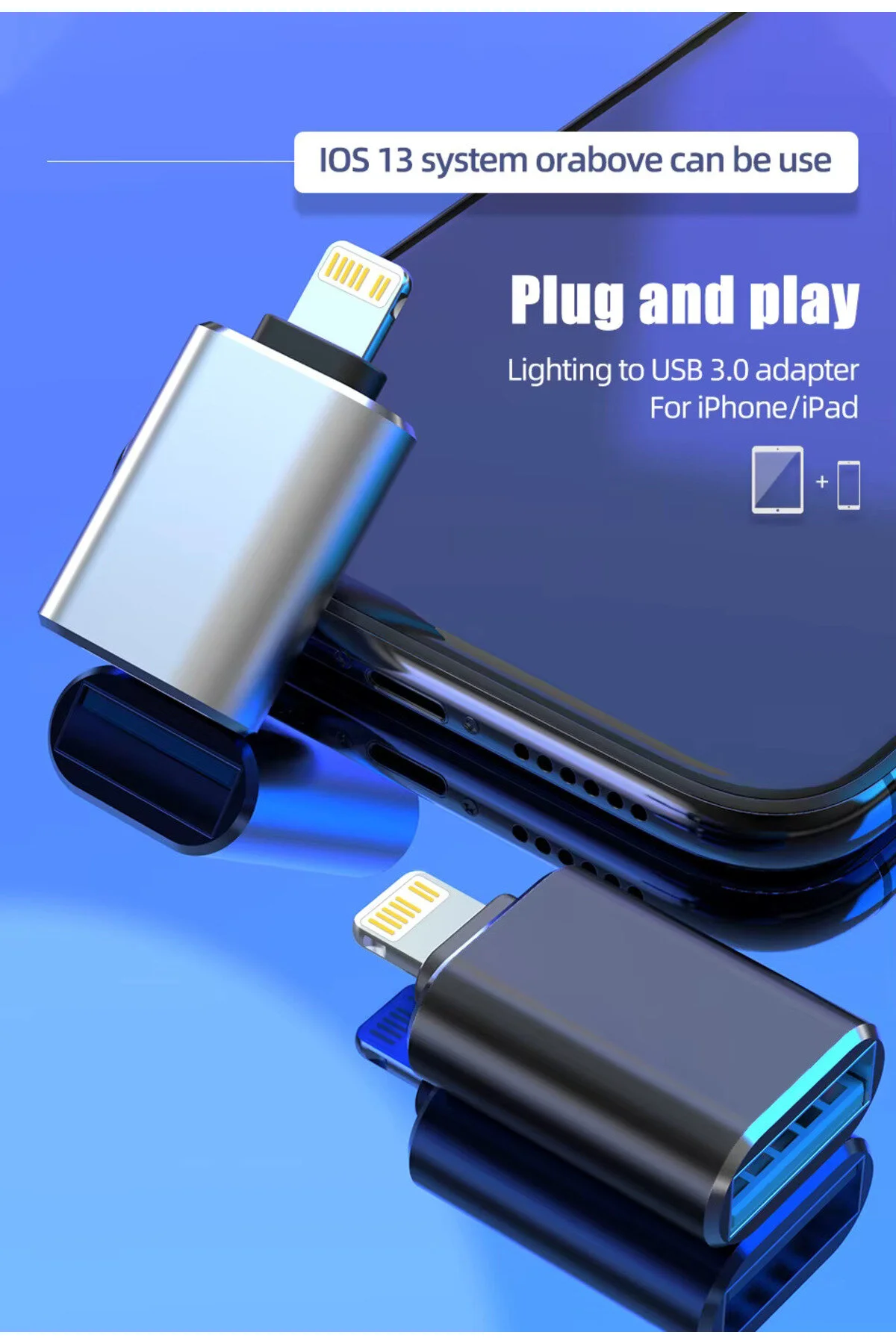 Usb 3.0 Otg Adaptörü 13 12 11 Pro Xs Max Xr X 8 Artı 7 6s Apple iPad Uyumlu  Ios Erkek - Usb Dişi Adaptör