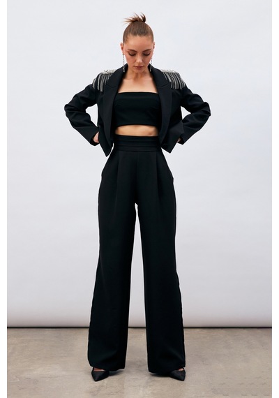 Sateen Bel Detaylı Cepli Pantolon - Siyah