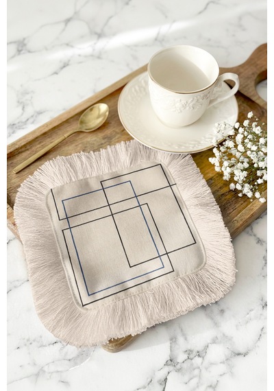 Geometrik Modern Saçaklı Sunum Peçetesi - Minimal Çizgiler Modern Bej Mavi Kahve Yanı Sunum Mendili Çok Renkli
