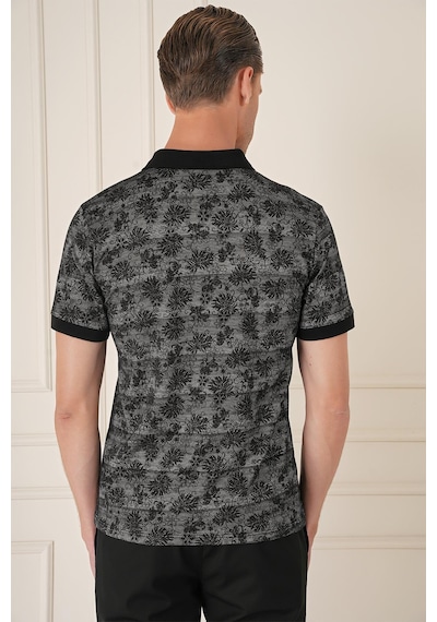 Efor Slim Fit Dal Yaprak Desen Polo Yaka Pamuklu Siyah Tişört Ts 884 Siyah