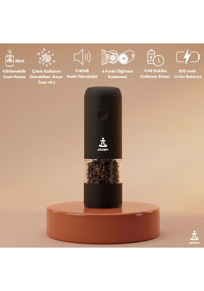 Pizen Windmill Usb Şarjlı Otomatik Baharat Öğütücü Led Işıklı Ayarlanabilir Tuz Karabiber Değirmeni Siyah