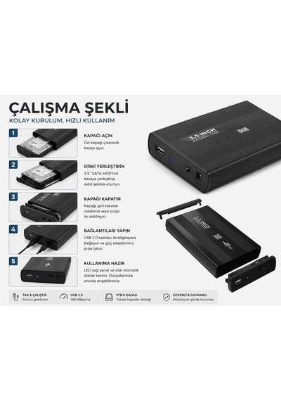 3.5 Sata Harici Harddisk Kutusu Usb 2.0 Alüminyum Kasa, 2tb Destek, Tak Çalıştır Hdd/ssd Disk Kutusu