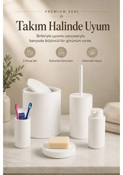 5 Parça Beyaz Banyo Seti Diş Fırçalık Çöp Kovası Sabunluk Sıvı Sabunluk Tuvalet Fırçası