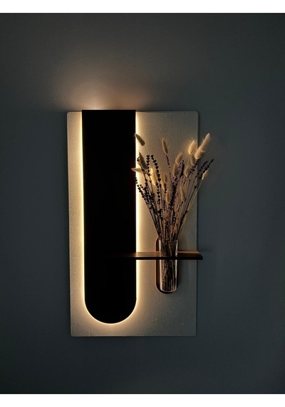Okaliptus Ahşap Pilli Ledli İskandinav Tarzı Salon Duvar Rafı Modern Çiçeklik 40 X 70 Cm Paris Grisi - Ahşap Ceviz