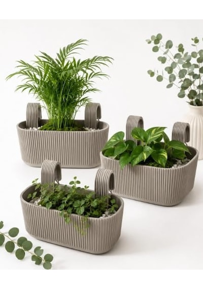 Pera Modern Balkon Ve Küpeşte Saksısı 3,2 Litre Krem Plastik Askılı Dikdörtgen 3'lü Set