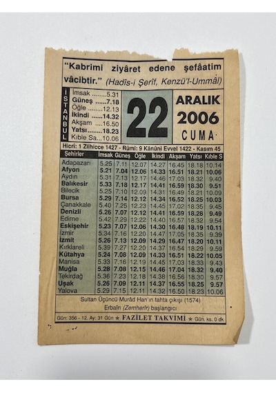 22 Aralık 2006 Takvim Yaprağı - Nostaljik Koleksiyonluk Takvim Yaprağı