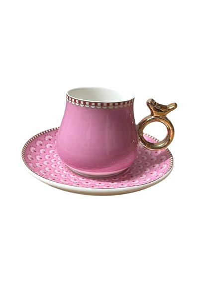 6 Kişilik Pembe Kuş Detaylı Lüks Türk Kahvesi Fincanı - 90 Ml Diğer