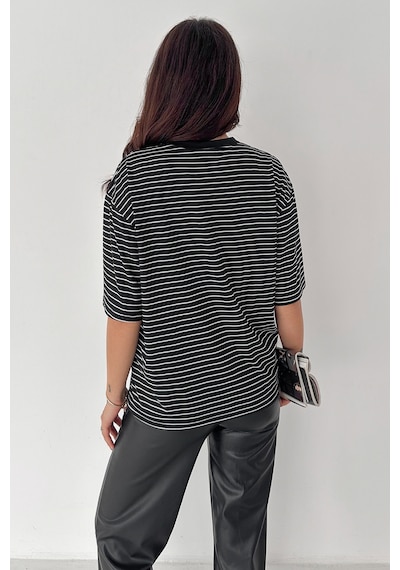 Noa & Noa Kadın Oversize Çizgili Tişört Monochrome Ease Siyah
