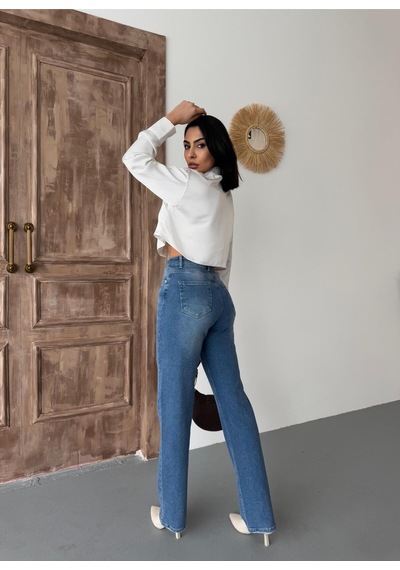 Kadın Straight Likralı Yüksek Bel Boru Paça Kot Pantolon Koyu Mavi Mavi+koyu Mavi