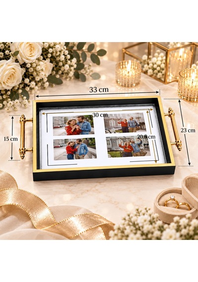 Bk Gift Kişiye Özel Fotoğraflı Siyah&gold Söz Nişan Tepsisi-1 - 39x23 Cm Çok Renkli