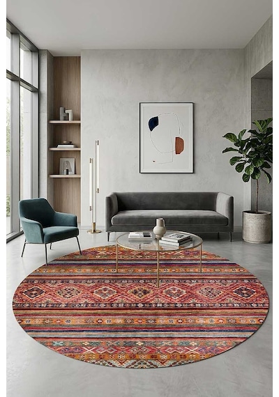 Etnik Kilim Desenli Pamuk Taban Yıkanabilir Baskılı Dekoratif Yuvarlak Halı Kırmızı