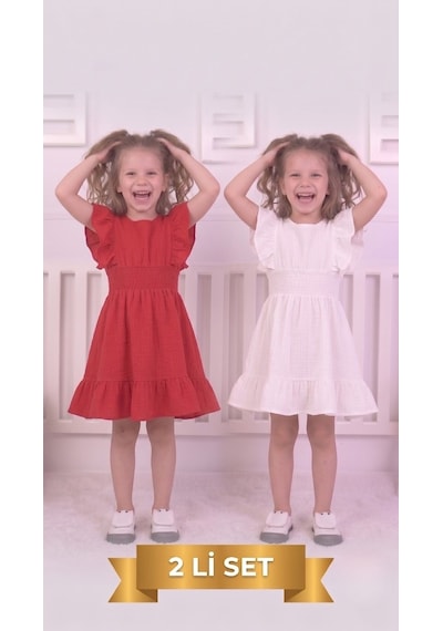 New Kids 2 Li Set Kız Çocuk Elbise 2 Adet Gipeli Belden Yeni Sezon Yazlık -91204 Çok Renkli