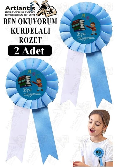 Ben Okuyorum Kurdelalı Rozet 2 Adet Mavi Beyaz Yaka Rozeti Çocuk Bayram Etkinlik 15 Cm