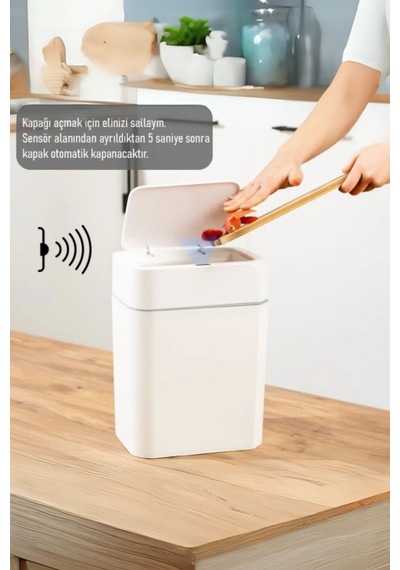 Otomatik Kapak Açan Sensörlü Lüks Çöp Kovası 12 Lt, 23,5 X 17,5 X 31,8 Cm Beyaz