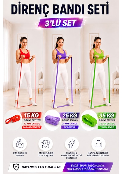 Spor Byfit 15 Kg Hafif, 25 Kg Orta Ve 35 Kg Yüksek Dirençli Power Güç Bandı Lastiği Seti Kırmızı + Lila + Yeşil