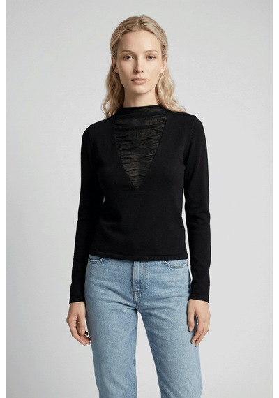 Qoolest Kadın Siyah Önü Tül Büzgü Detaylı Dik Yaka Slim Fit Örme Bluz Siyah