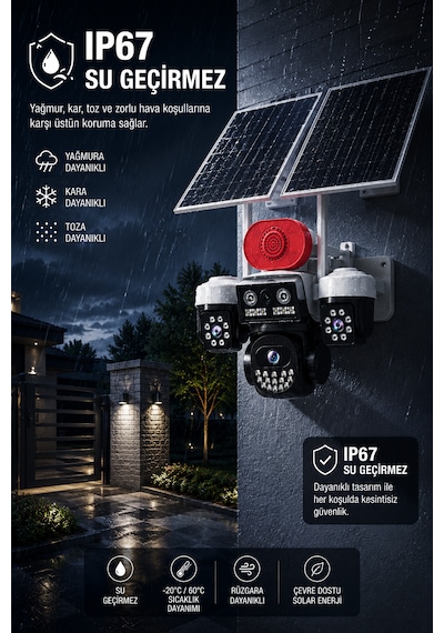 3 Kameralı Wifi 9mp Çift Solar Panelli Sürekli Kayıt Teknolojili Gece Görüşlü Güvenlik Kamerası