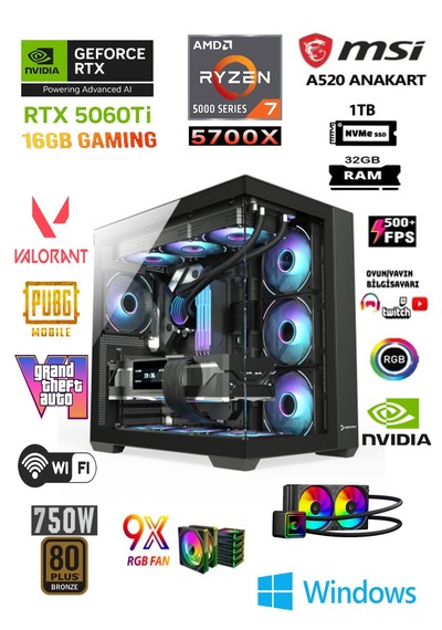 Apphirex Prime X63 R7-5700X 32 GB 1 TB SSD 16 GB RTX5060Tİ 27'' Masaüstü Oyuncu Bilgisayarı