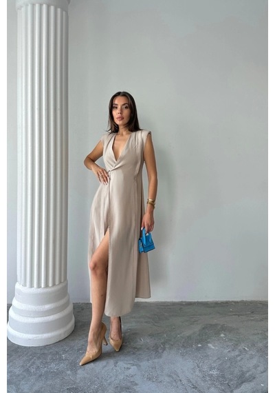 Defymoda Kruvaze Vatkalı Kolsuz Elbise Modal Kumaş - Bej Bej