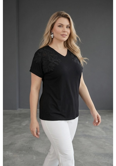 Aytemas Omuz Nakışlı Taş Detaylı Bluz Siyah