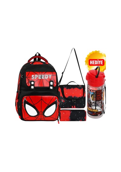 Spiderman Okul Çantası - Beslenme Çantası - Kalem Çantası Üçlü Set - Suluk&matara Çok Renkli