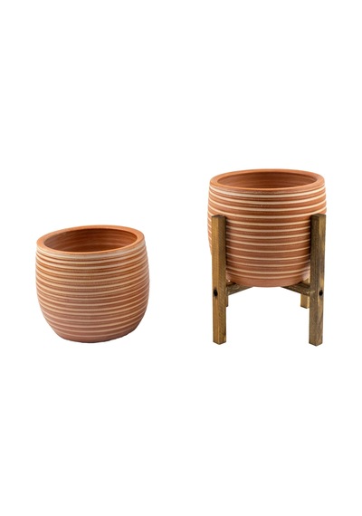 Bitki Tasarımı Ev Dekorasyon Yan Çizgi Desenli Toprak Saksı Saksılık Salon Çiçeklik İkili Set Ayaksız - 4 Ayaklı- 19 CM