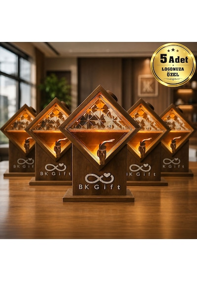 Logonuza Özel 5 Adet 2 Litre Led Işıklı Cam Ve Doğal Ahşap İçecek Dağıtıcı Seti