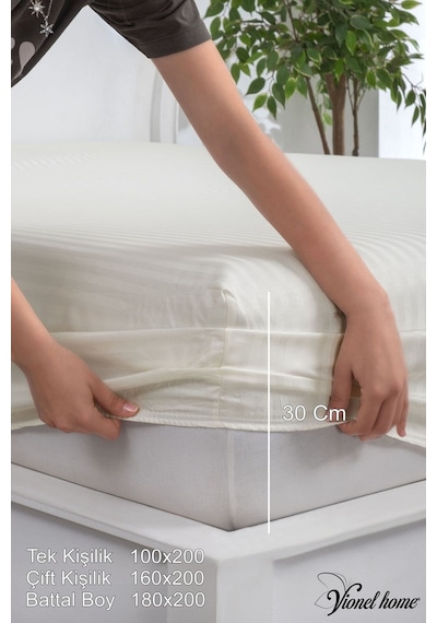 %100 Pamuk Çizgili Saten Tek / Çift Kişilik Lastikli Çarşaf Seti 100x200 160x200 180x200 Ekru