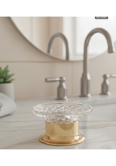 Kristal Serisi Cam Banyo Seti, 4 Parça Sıvı Sabunluk,fırçalık,katı Sabunluk,pamukluk Altın