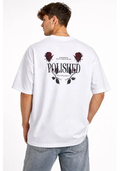 Modi Erkek Bisiklet Yaka Baskılı Kısa Kollu Tişört Streetwear Günlük Basic Pamuklu T-shirt - Beyaz Açık Beyaz