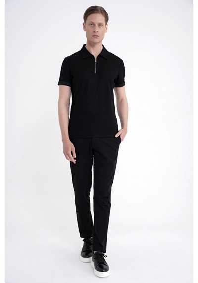 Efor Slim Fit Esnek Pamuklu Fermuarlı Siyah Polo Yaka Tişört Ts 926