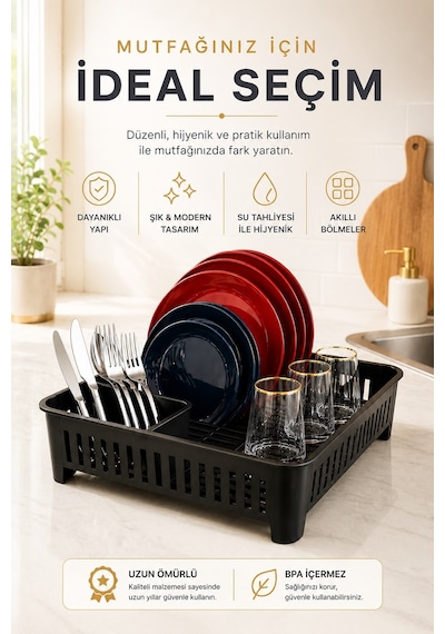 Sas Haus Bulaşıklık Tezgah Üstü Tabak Bardak Kurutmalık Plastik Bulaşık Sepeti 33x41 Cm Siyah S-10567