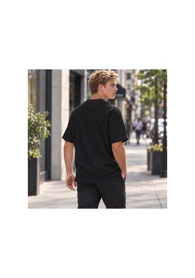Genel Markalar Unisex Yarım Oversize Bisiklet Yaka Pamuklu Baskılı Tişört Siyah