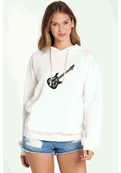 Bas Gitar Siyah Ve Beyaz Elektro Baskılı Beyaz Kadın Kapşonlu Sw